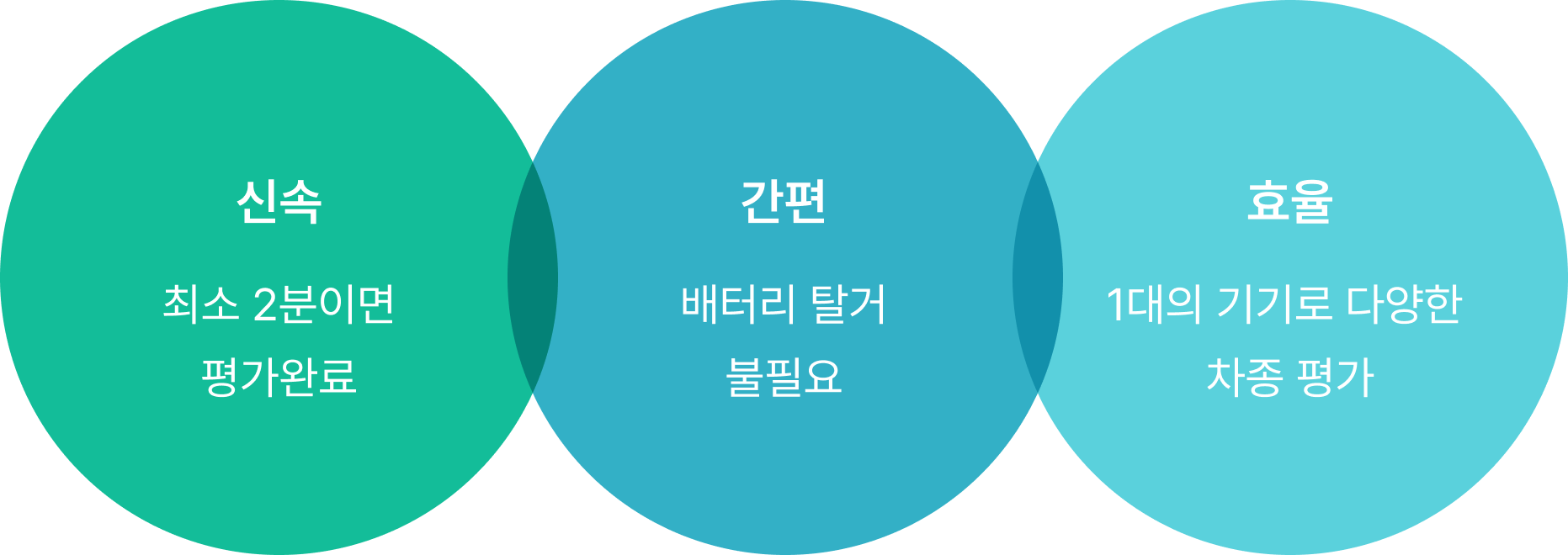 신속: 최소 2분이면 평가완료, 간편: 배터리 탈거 불필요, 효율: 1대의 기기로 다양한 차종 평가